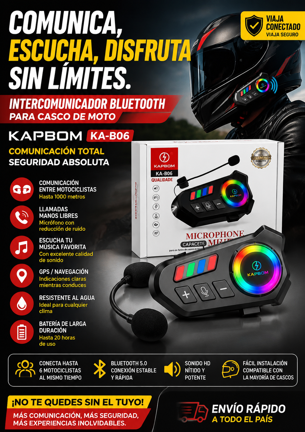 Auricular Bluetooth para Casco de Moto V10 — Manos Libres, Resistente al Agua